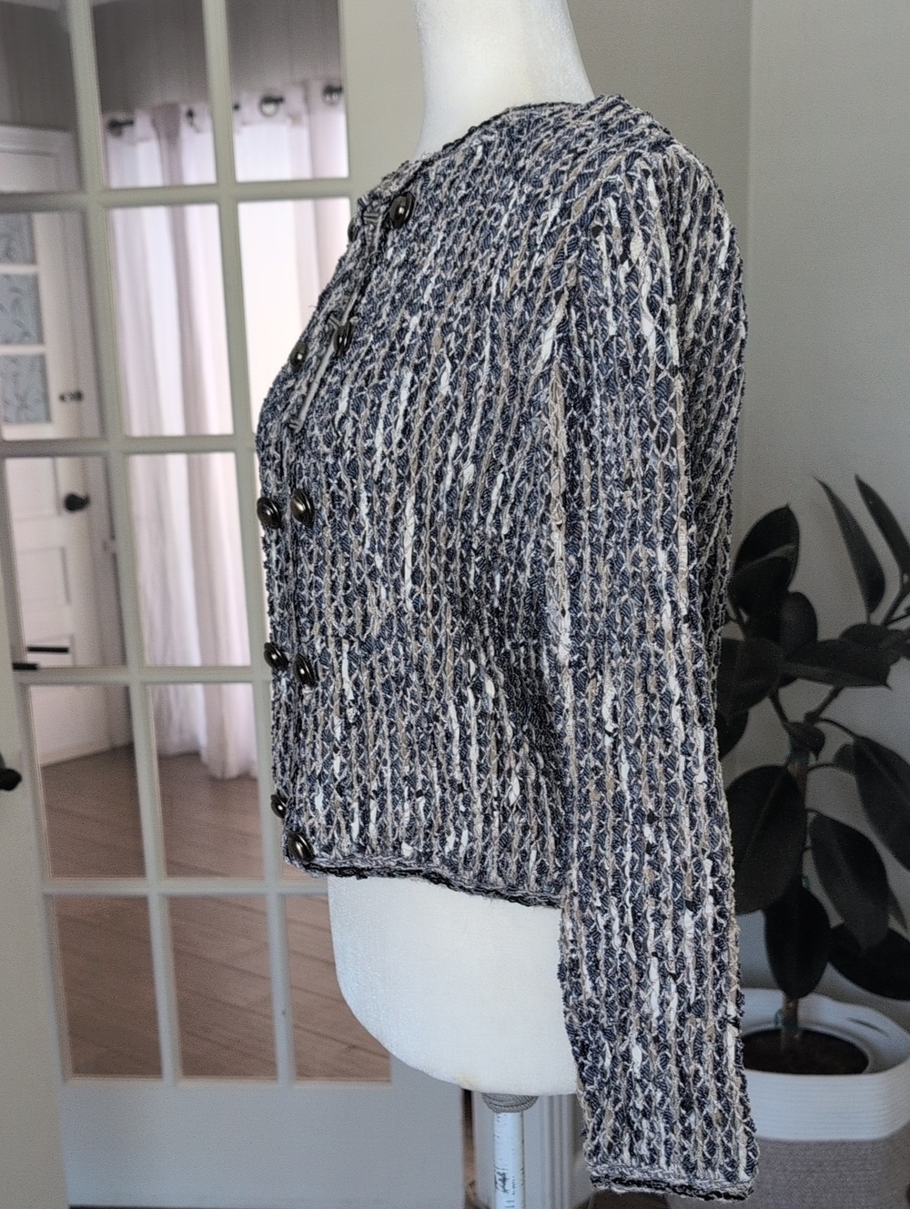 Estelle Womens Blue & Cream Textured Knit Tweed Cardigan Blazer Medium - Picture 3 of 12